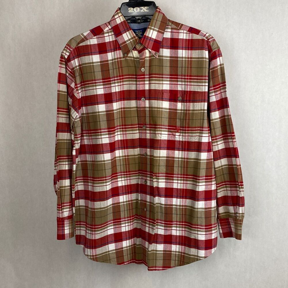 Wrangler Twenty X 20X Button Down Shirt Mens Sz M Long Sleeve Plaid Red Tan West